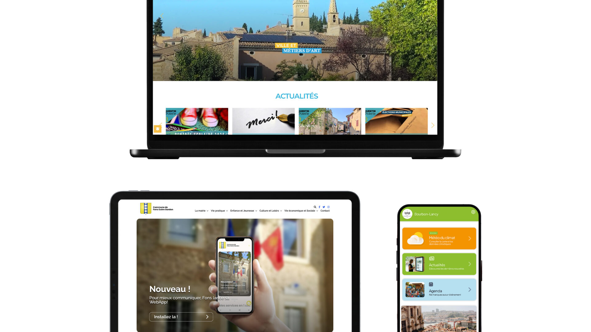 WebApp Place du Village responsive affichée sur MacBook — site web mairie tout-en-un
